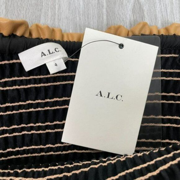 A.L.C. Jenny Smocked Vegan Faux Leather Mini Skirt Petite Grain Tan 4 - Picture 5 of 9